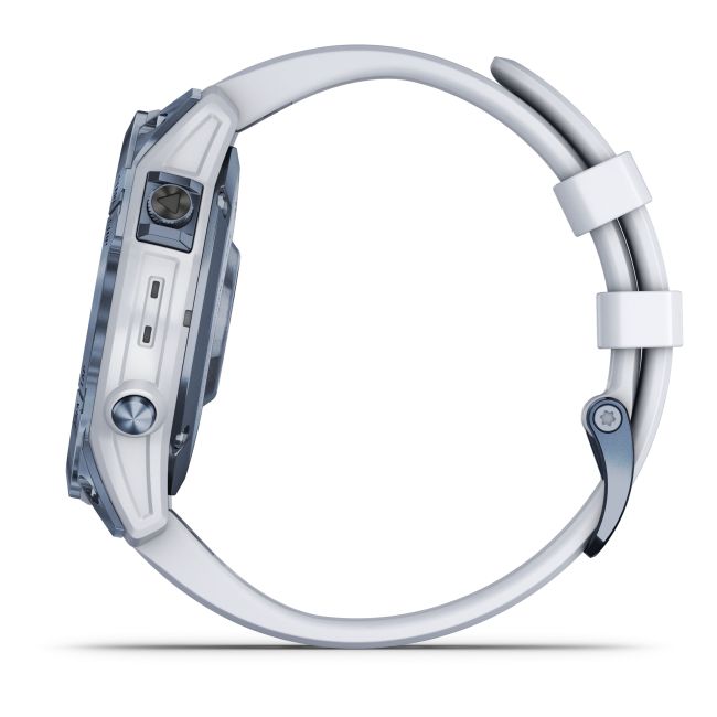 Garmin - fenix 7 Sapphire Solar ceas multisport cu GPS - ramă albastru Mineral Blue DLC Titanium și curea din silicon albă Whitestone