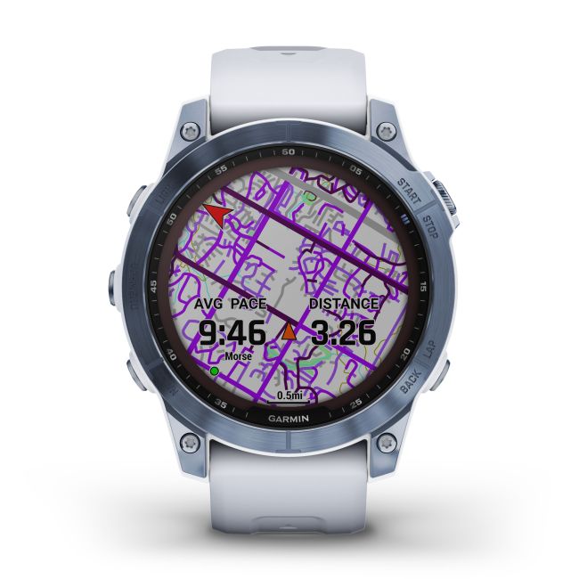Garmin - fenix 7 Sapphire Solar ceas multisport cu GPS - ramă albastru Mineral Blue DLC Titanium și curea din silicon albă Whitestone