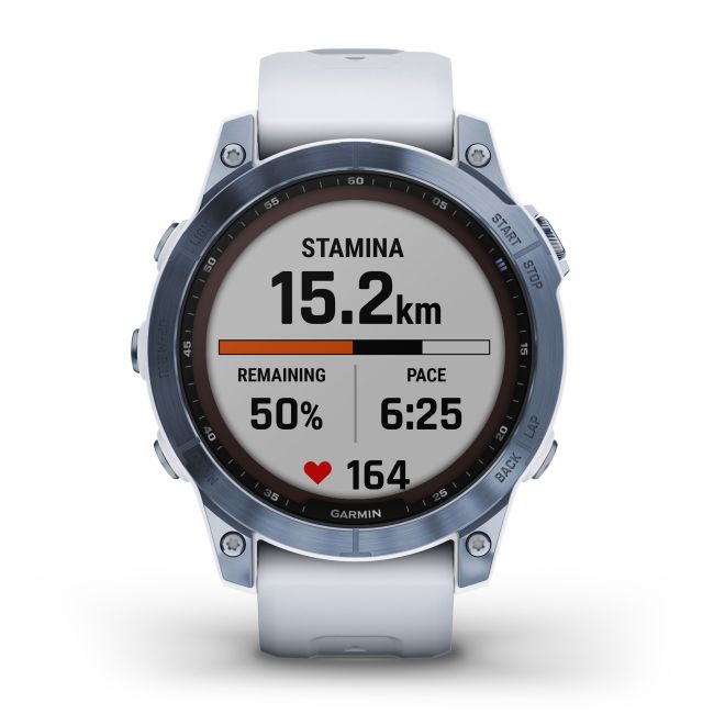Garmin - fenix 7 Sapphire Solar ceas multisport cu GPS - ramă albastru Mineral Blue DLC Titanium și curea din silicon albă Whitestone