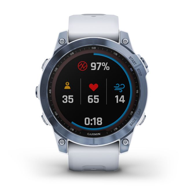 Garmin - fenix 7 Sapphire Solar ceas multisport cu GPS - ramă albastru Mineral Blue DLC Titanium și curea din silicon albă Whitestone
