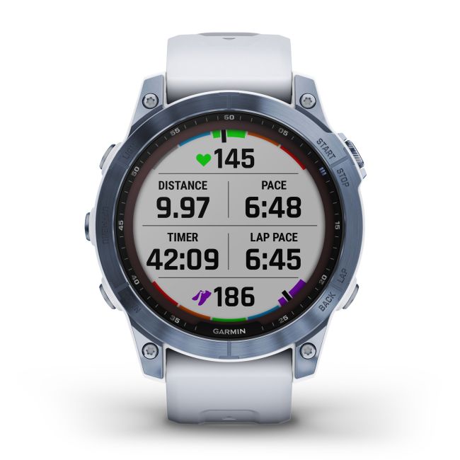 Garmin - fenix 7 Sapphire Solar ceas multisport cu GPS - ramă albastru Mineral Blue DLC Titanium și curea din silicon albă Whitestone