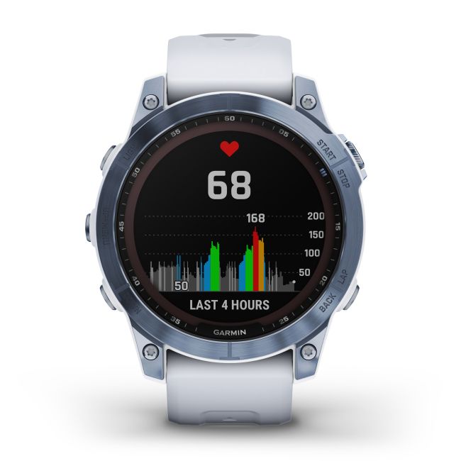 Garmin - fenix 7 Sapphire Solar ceas multisport cu GPS - ramă albastru Mineral Blue DLC Titanium și curea din silicon albă Whitestone