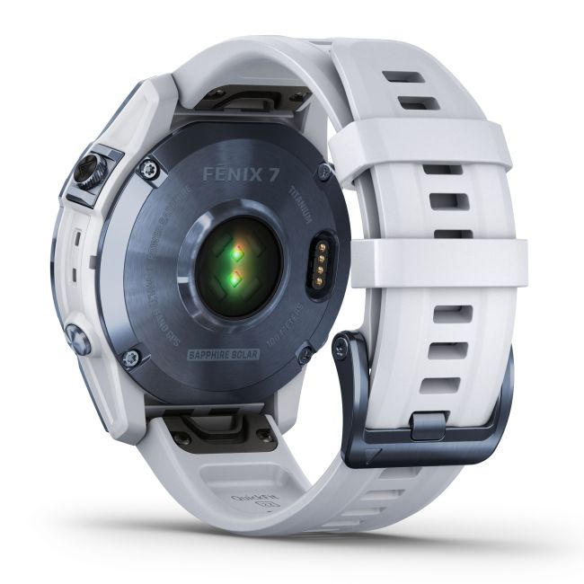 Garmin - fenix 7 Sapphire Solar ceas multisport cu GPS - ramă albastru Mineral Blue DLC Titanium și curea din silicon albă Whitestone