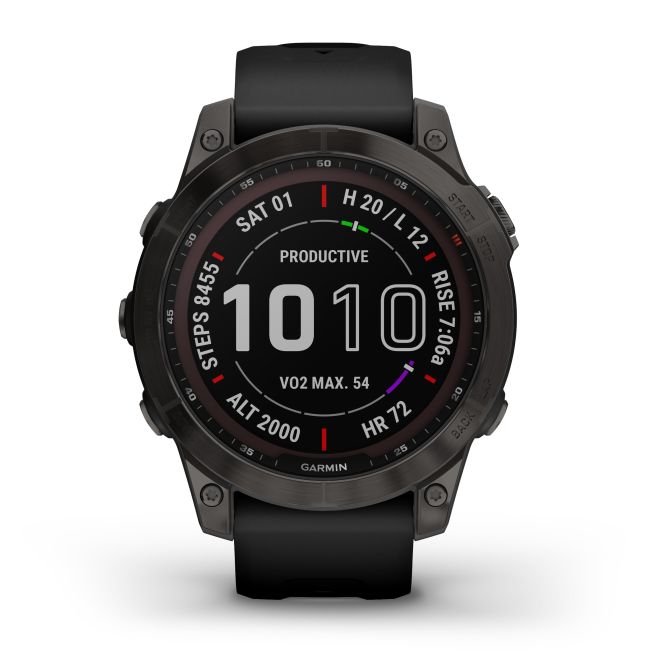 Garmin - fenix 7 Sapphire Solar ceas multisport cu GPS - ramă gri închis DLC Titanium și curea din silicon neagră