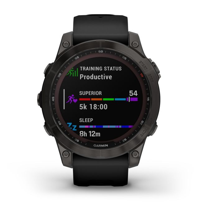 Garmin - fenix 7 Sapphire Solar ceas multisport cu GPS - ramă gri închis DLC Titanium și curea din silicon neagră
