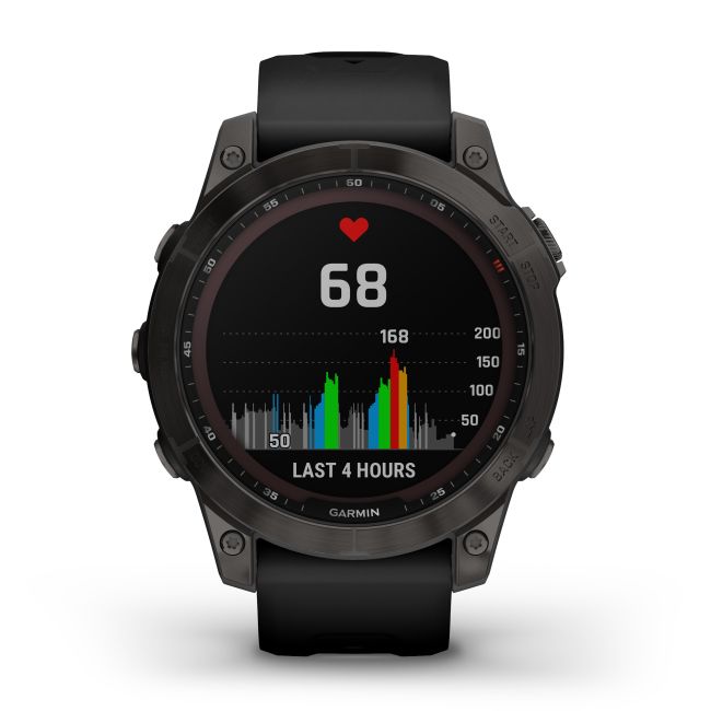 Garmin - fenix 7 Sapphire Solar ceas multisport cu GPS - ramă gri închis DLC Titanium și curea din silicon neagră
