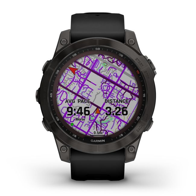 Garmin - fenix 7 Sapphire Solar ceas multisport cu GPS - ramă gri închis DLC Titanium și curea din silicon neagră