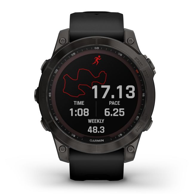 Garmin - fenix 7 Sapphire Solar ceas multisport cu GPS - ramă gri închis DLC Titanium și curea din silicon neagră