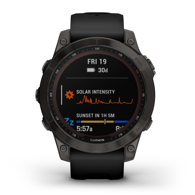 Garmin - fenix 7 Sapphire Solar ceas multisport cu GPS - ramă gri închis DLC Titanium și curea din silicon neagră
