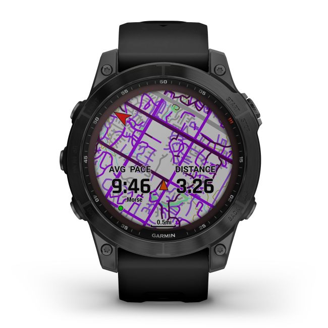 Garmin - fenix 7 Sapphire Solar ceas multisport cu GPS - ramă neagră DLC Titanium și curea din silicon neagră