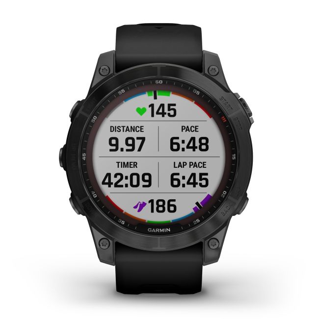 Garmin - fenix 7 Sapphire Solar ceas multisport cu GPS - ramă neagră DLC Titanium și curea din silicon neagră