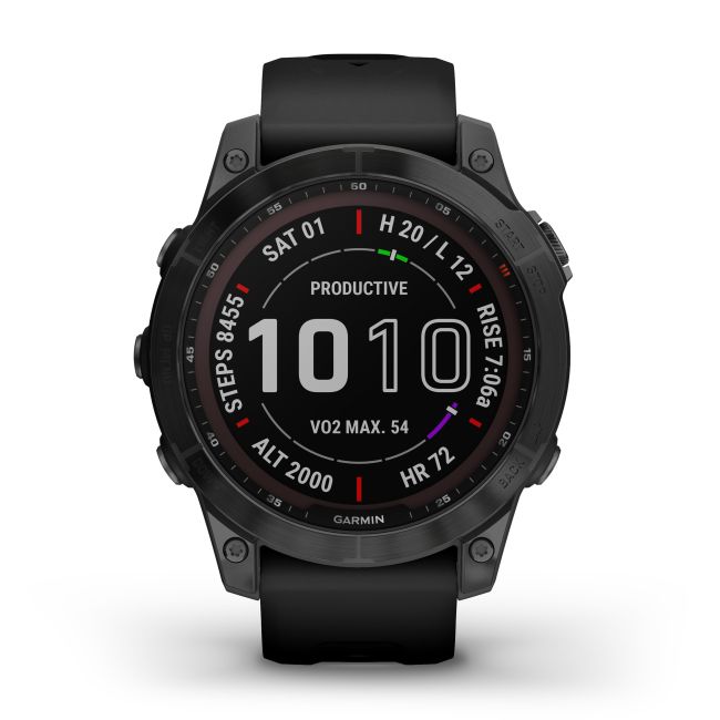 Garmin - fenix 7 Sapphire Solar ceas multisport cu GPS - ramă neagră DLC Titanium și curea din silicon neagră