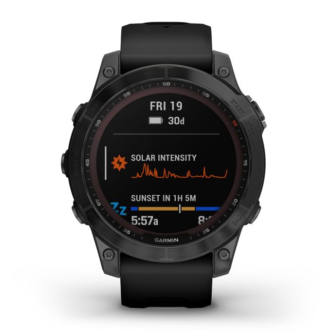 Garmin - fenix 7 Sapphire Solar ceas multisport cu GPS - ramă neagră DLC Titanium și curea din silicon neagră