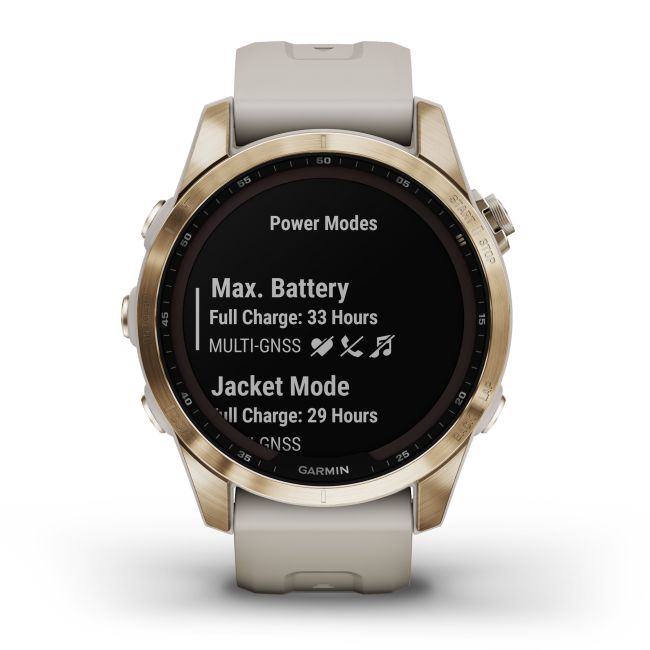 Garmin - fenix 7s Sapphire Solar ceas multisport cu GPS - ramă aurie Titanium si curea din silicon crem