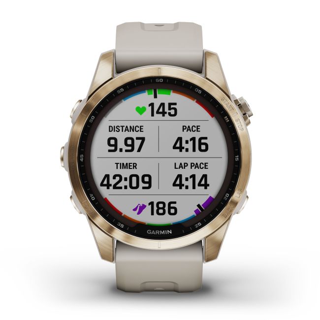 Garmin - fenix 7s Sapphire Solar ceas multisport cu GPS - ramă aurie Titanium si curea din silicon crem