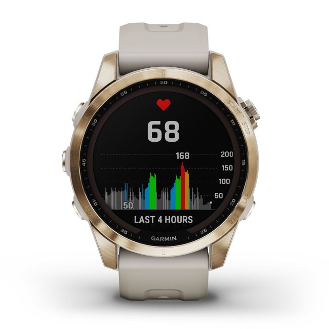 Garmin - fenix 7s Sapphire Solar ceas multisport cu GPS - ramă aurie Titanium si curea din silicon crem
