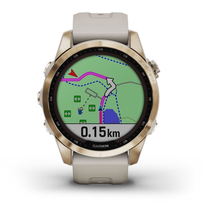 Garmin - fenix 7s Sapphire Solar ceas multisport cu GPS - ramă aurie Titanium si curea din silicon crem