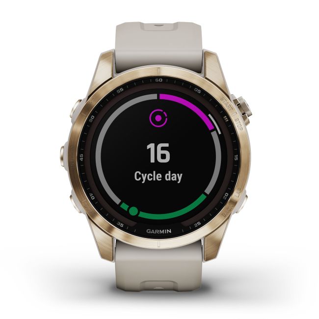 Garmin - fenix 7s Sapphire Solar ceas multisport cu GPS - ramă aurie Titanium si curea din silicon crem