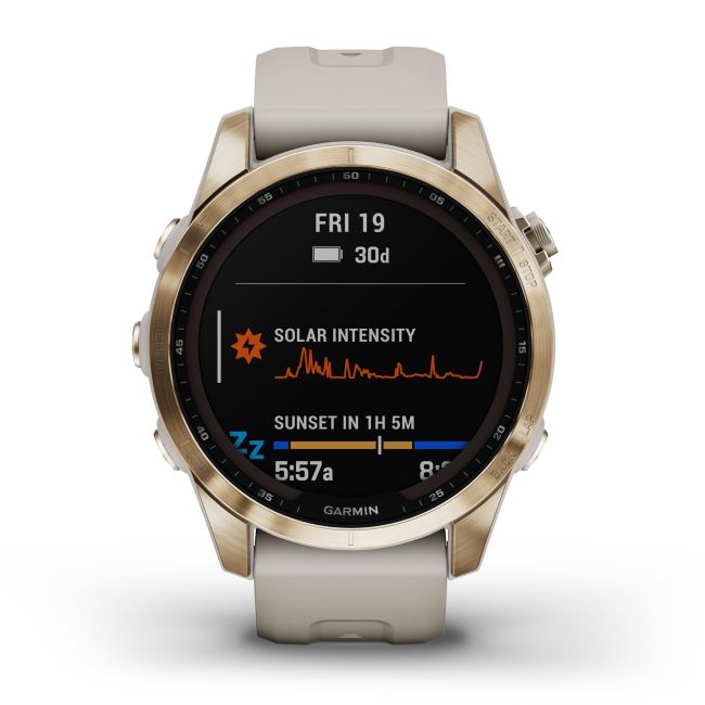 Garmin - fenix 7s Sapphire Solar ceas multisport cu GPS - ramă aurie Titanium si curea din silicon crem