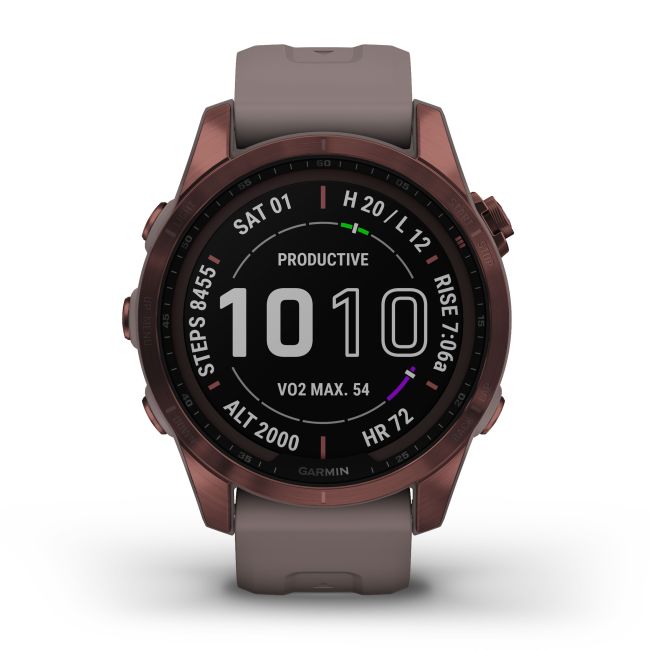 Garmin - fenix 7s Sapphire Solar ceas multisport cu GPS - ramă bronz închis Titanium si curea din silicon gri închis