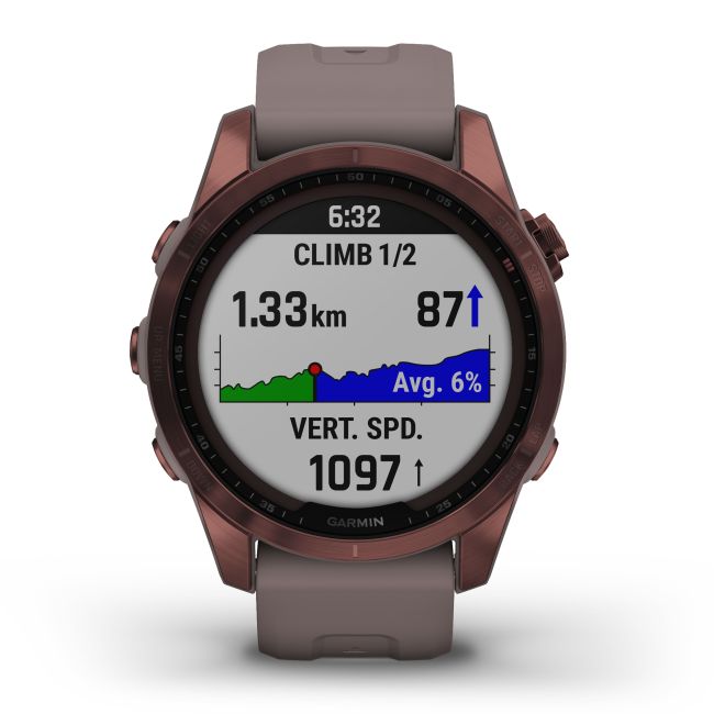 Garmin - fenix 7s Sapphire Solar ceas multisport cu GPS - ramă bronz închis Titanium si curea din silicon gri închis