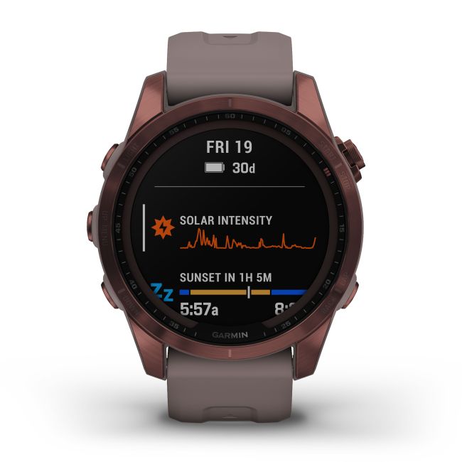 Garmin - fenix 7s Sapphire Solar ceas multisport cu GPS - ramă bronz închis Titanium si curea din silicon gri închis