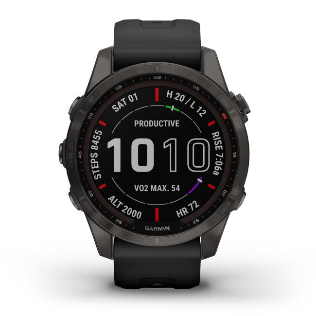 Garmin - fenix 7s Sapphire Solar ceas multisport cu GPS - ramă gri închis Titanium DLC, carcasă neagră si curea din silicon neagră