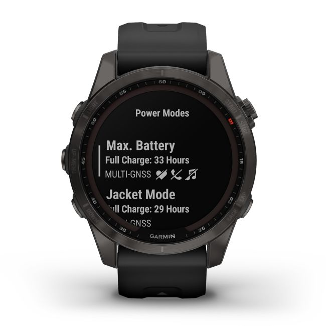 Garmin - fenix 7s Sapphire Solar ceas multisport cu GPS - ramă gri închis Titanium DLC, carcasă neagră si curea din silicon neagră
