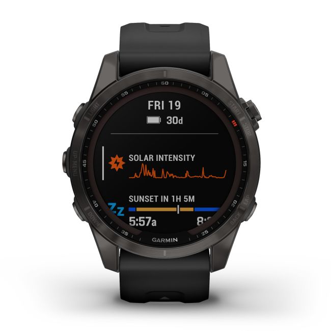 Garmin - fenix 7s Sapphire Solar ceas multisport cu GPS - ramă gri închis Titanium DLC, carcasă neagră si curea din silicon neagră