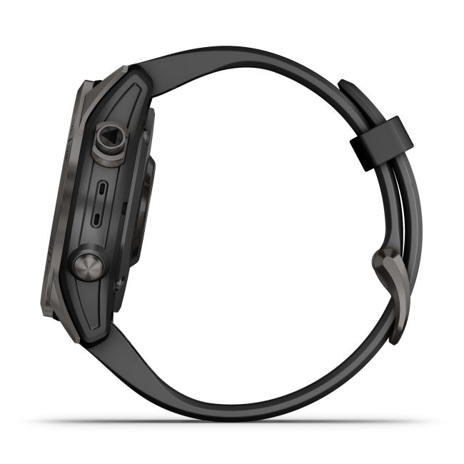 Garmin - fenix 7s Sapphire Solar ceas multisport cu GPS - ramă gri închis Titanium DLC, carcasă neagră si curea din silicon neagră