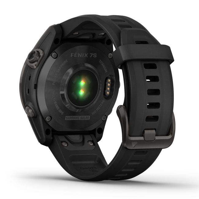 Garmin - fenix 7s Sapphire Solar ceas multisport cu GPS - ramă gri închis Titanium DLC, carcasă neagră si curea din silicon neagră