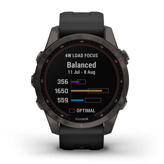 Garmin - fenix 7s Sapphire Solar ceas multisport cu GPS - ramă gri închis Titanium DLC, carcasă neagră si curea din silicon neagră