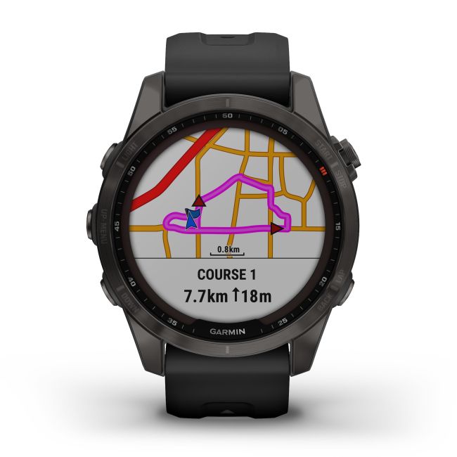 Garmin - fenix 7s Sapphire Solar ceas multisport cu GPS - ramă gri închis Titanium DLC, carcasă neagră si curea din silicon neagră
