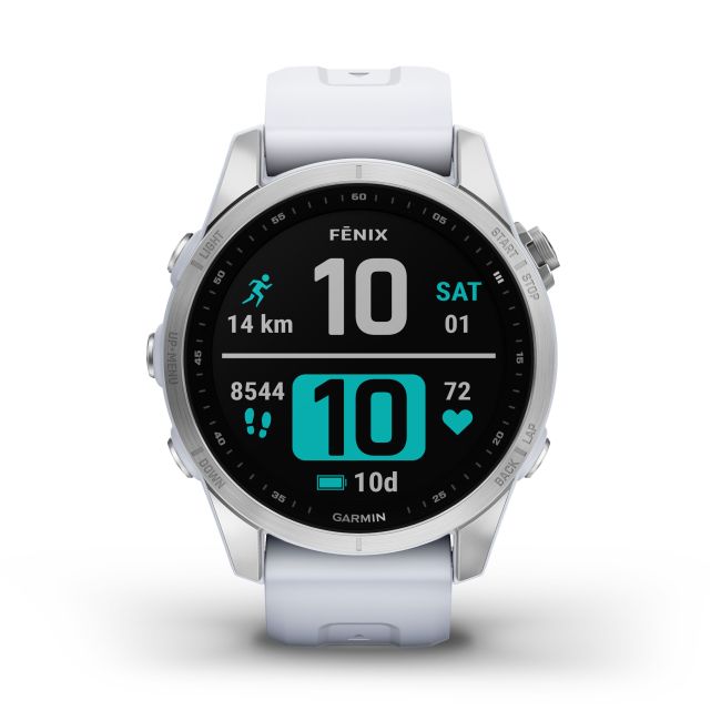 Garmin - fenix 7s ceas multisport cu GPS - ramă argintie din oţel inoxidabil, carcasă gri si curea din silicon albă