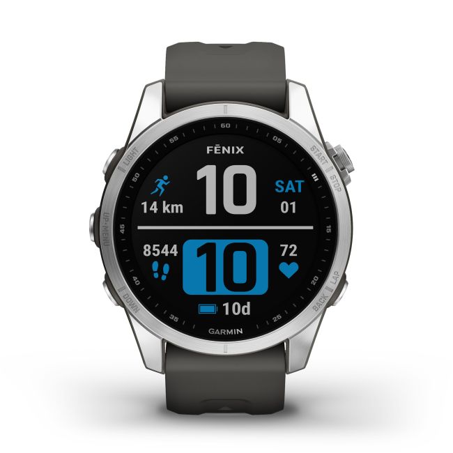 Garmin - fenix 7s ceas multisport cu GPS - ramă argintie din oţel inoxidabil, carcasă gri si curea din silicon gri