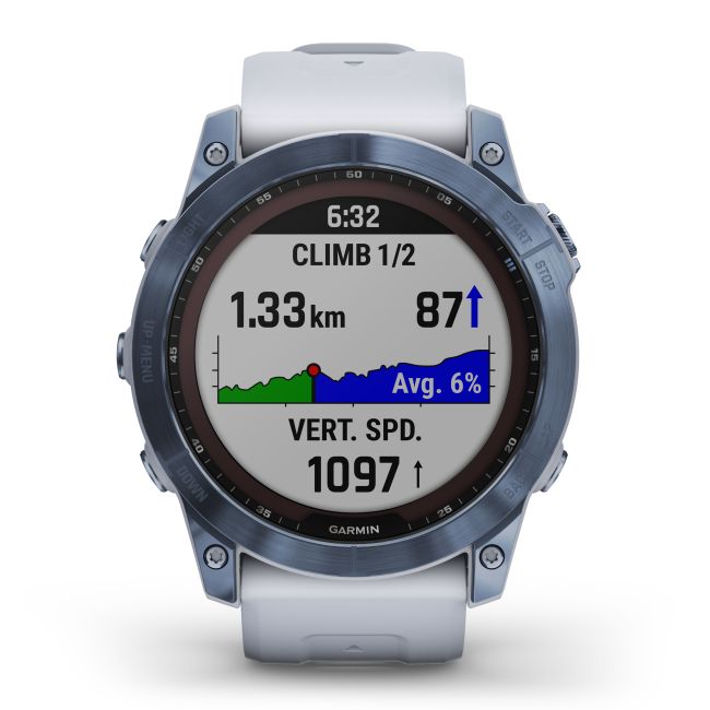 Garmin - fenix 7x Sapphire Solar ceas multisport cu GPS - ramă albastru Mineral Blue DLC Titanium și curea din silicon albă Whitestone