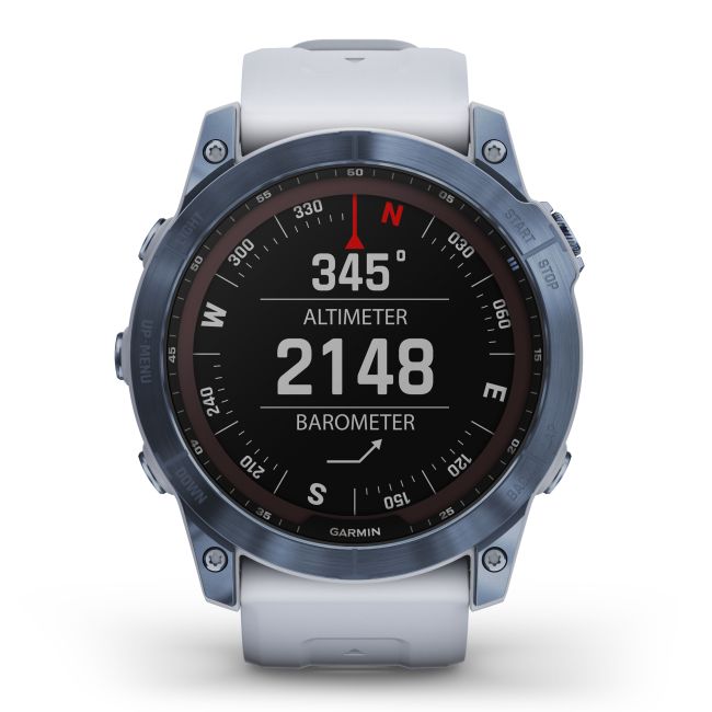 Garmin - fenix 7x Sapphire Solar ceas multisport cu GPS - ramă albastru Mineral Blue DLC Titanium și curea din silicon albă Whitestone