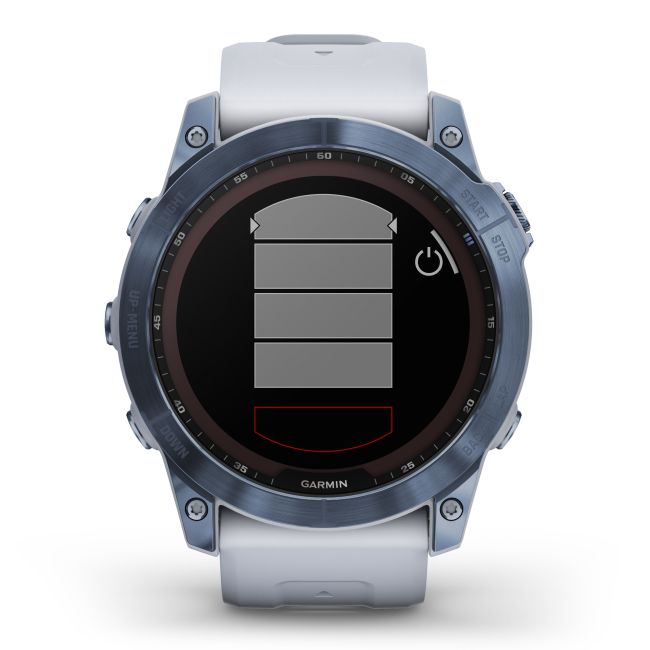 Garmin - fenix 7x Sapphire Solar ceas multisport cu GPS - ramă albastru Mineral Blue DLC Titanium și curea din silicon albă Whitestone