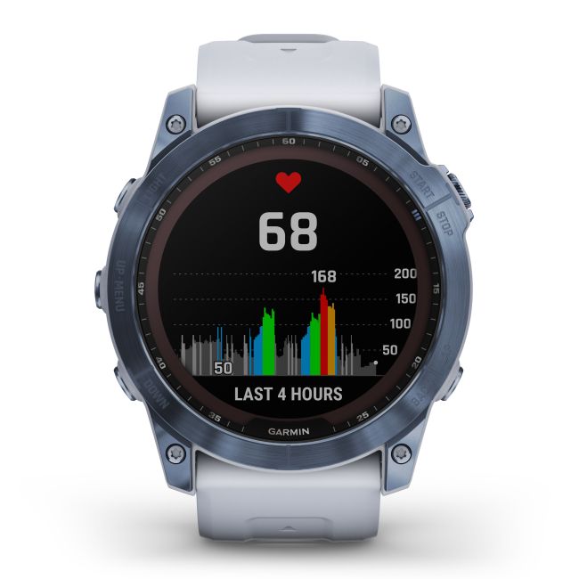 Garmin - fenix 7x Sapphire Solar ceas multisport cu GPS - ramă albastru Mineral Blue DLC Titanium și curea din silicon albă Whitestone