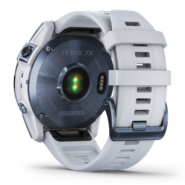 Garmin - fenix 7x Sapphire Solar ceas multisport cu GPS - ramă albastru Mineral Blue DLC Titanium și curea din silicon albă Whitestone