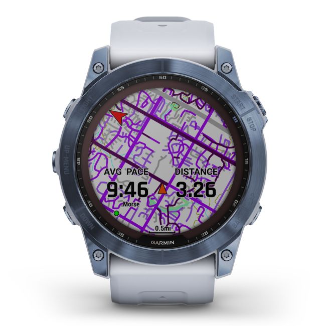 Garmin - fenix 7x Sapphire Solar ceas multisport cu GPS - ramă albastru Mineral Blue DLC Titanium și curea din silicon albă Whitestone