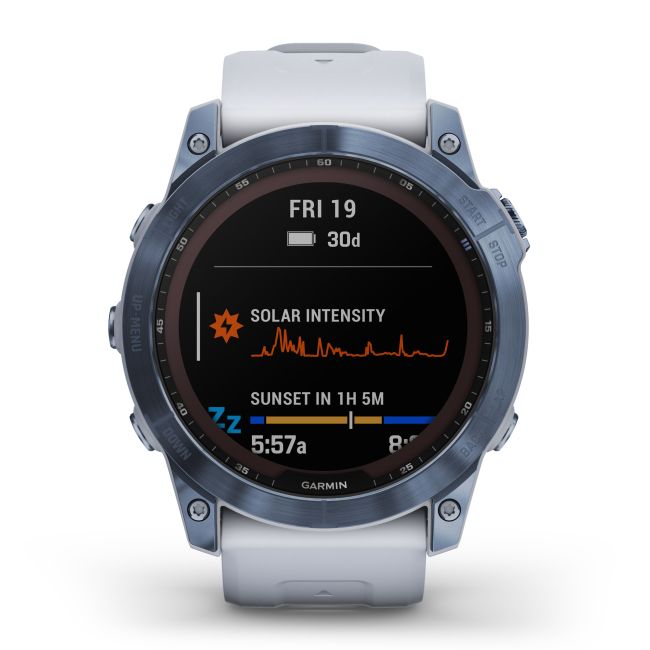 Garmin - fenix 7x Sapphire Solar ceas multisport cu GPS - ramă albastru Mineral Blue DLC Titanium și curea din silicon albă Whitestone