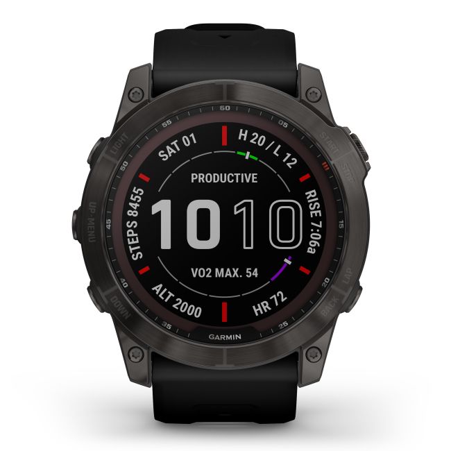 Garmin - fenix 7x Sapphire Solar ceas multisport cu GPS - ramă gri închis Titanium DLC și curea din silicon neagră