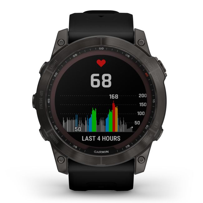 Garmin - fenix 7x Sapphire Solar ceas multisport cu GPS - ramă gri închis Titanium DLC și curea din silicon neagră