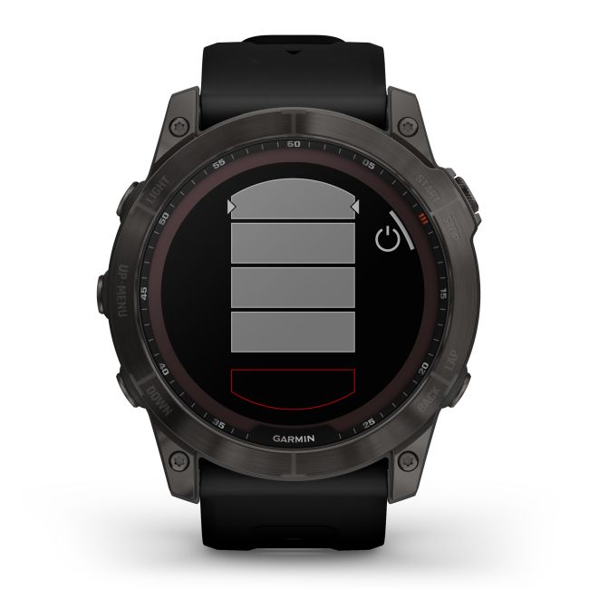 Garmin - fenix 7x Sapphire Solar ceas multisport cu GPS - ramă gri închis Titanium DLC și curea din silicon neagră