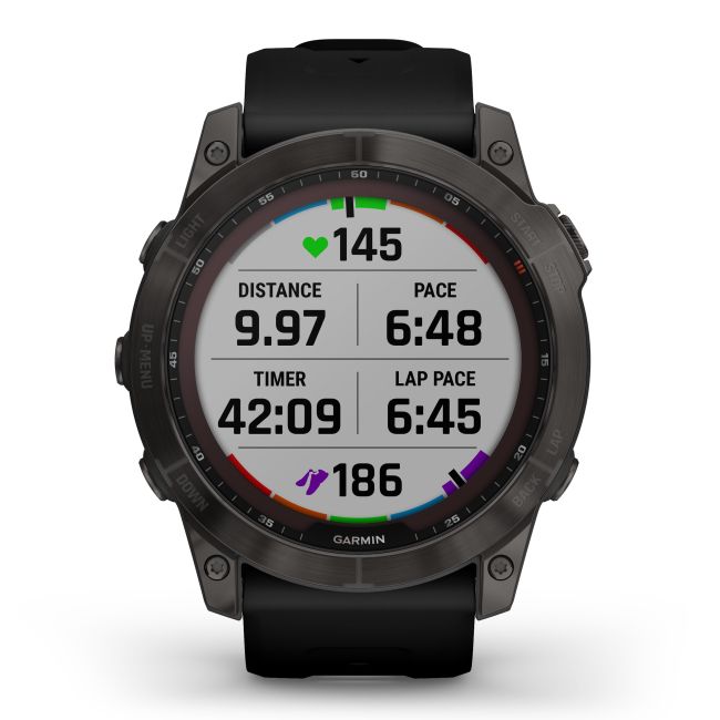 Garmin - fenix 7x Sapphire Solar ceas multisport cu GPS - ramă gri închis Titanium DLC și curea din silicon neagră