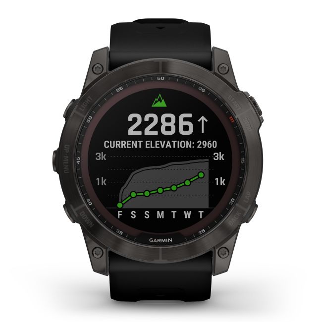 Garmin - fenix 7x Sapphire Solar ceas multisport cu GPS - ramă gri închis Titanium DLC și curea din silicon neagră