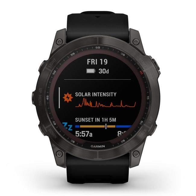 Garmin - fenix 7x Sapphire Solar ceas multisport cu GPS - ramă gri închis Titanium DLC și curea din silicon neagră
