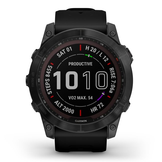 Garmin - fenix 7x Sapphire Solar ceas multisport cu GPS - ramă neagră Titanium DLC și curea din silicon neagră