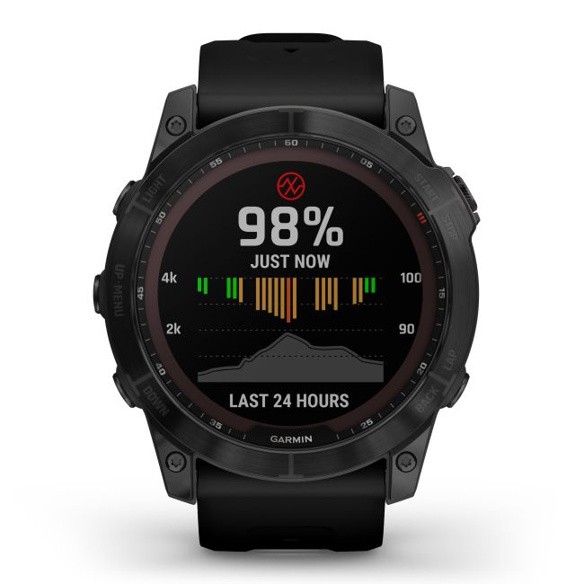 Garmin - fenix 7x Sapphire Solar ceas multisport cu GPS - ramă neagră Titanium DLC și curea din silicon neagră